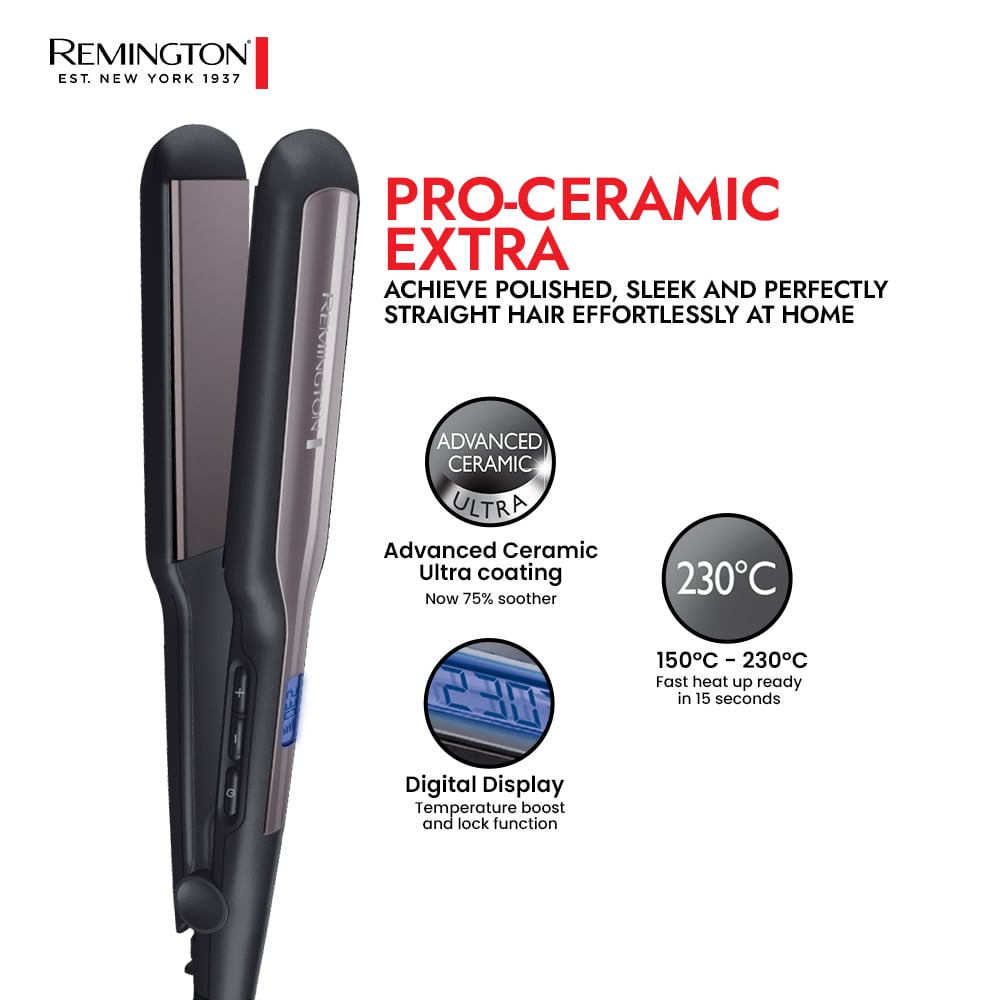 Remington S5525 Pro Ceramic Extra Hair Straightener – Fast Heating Ceramic Hair Straightener for Thick & Long Hair